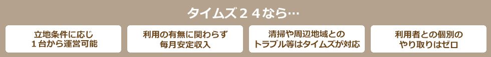 タイムズ２４なら…立地条件に応じ１台から運営可能 利用の有無に関わらず 毎月安定収入 清掃や周辺地域との トラブル等はタイムズが対応 利用者との個別のやり取りはゼロ